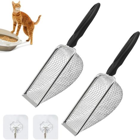 Lot de 2 pelles à litière pour chat en acier inoxydable - Pelle à sable - Taille des pores : 3,8 mm - Poignée noire (27 x 10 cm) (1/4)