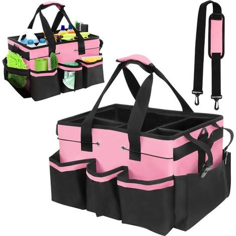 Sac de rangement pour produits de nettoyage - Sac de ménage - Compartiments ajustables - 23 x 45 x 26 cm - Rose (1/5)