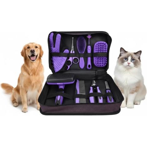 Kit de toilettage pour animaux 9 en 1, ciseaux pour chien, peigne, coupe-ongles, brosse de bain pour chat, kit de toilettage avec brosse à dents à trois têtes [Ho] (1/5)