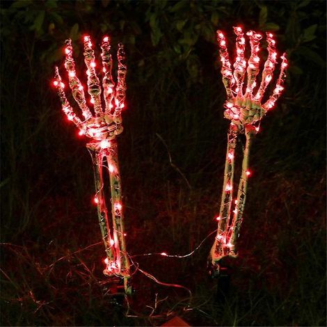 Décorations lumineuses d'Halloween pour l'extérieur : mains de squelette grandeur nature, piquets décoratifs avec 50 LED violettes et minuterie.