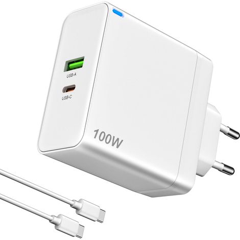 Chargeur 100W GaN Double Port USB-C & USB-A - Charge Rapide - Compatible MacBook Pro/Air, Dell XPS, iPad, Samsung Galaxy, iPhone 15/16/17 (Blanc) (1/5)