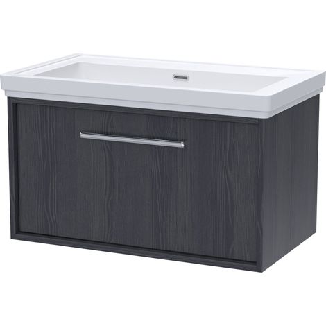Sturbridge Contemporary 1 Drawer Wall Hung Vanity Unit with Traditional 0 Tap Hole Fireclay Basin , 800mm, Graphite Grey Woodgrain