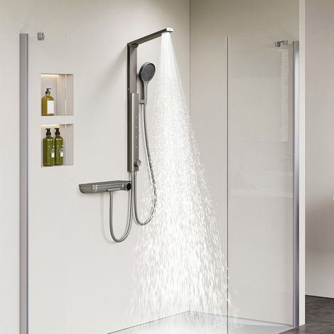 HOROW Regendusche Set mit Thermostatarmatur, Grau Duschset Duschsystem mit 4 Massage-Modi, Klappbares Duschset, Höhenverstellbar, für Badewannen