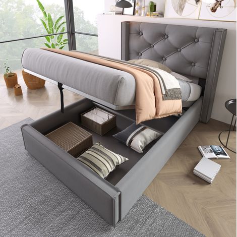 Letto con contenitore in cotone grigio 90x200 cm, rete a doghe inclusa e apertura idraulica (1/5)
