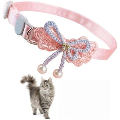 Collier pour chat/chiot [Rose à nœud perlé] [Réglable 20-31 cm] Polyester haute densité (1/4)