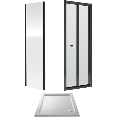 Balterley Square Bi-Fold Shower Suite & 4mm Safety Glass Door, Side Panel 700x700mm Tray Polished Matt Black Frame & White Tray (1/3)