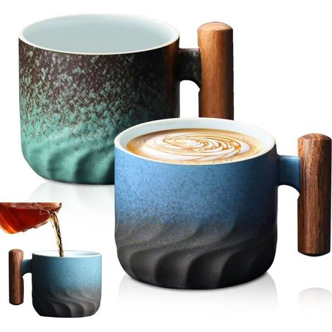 2 Pièces Tasse à Café en Céramique, Tasses à Café, Tasse Espresso Avec Poignee en Bois, Tasses à Expresso, Tasse Cappuccino, Verre Matcha, pour le Lait, le Thé (1/5)