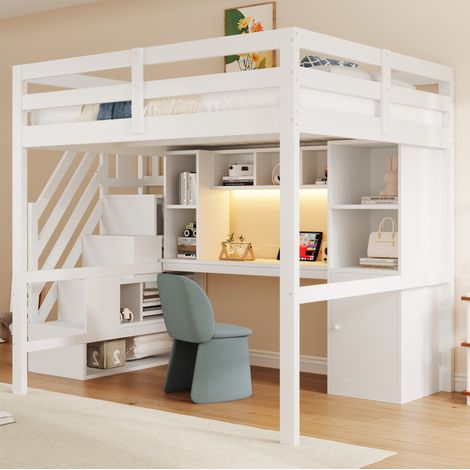 Lit mezzanine 140x200 cm en bois blanc avec escalier de rangement, bureau et LED (1/5)