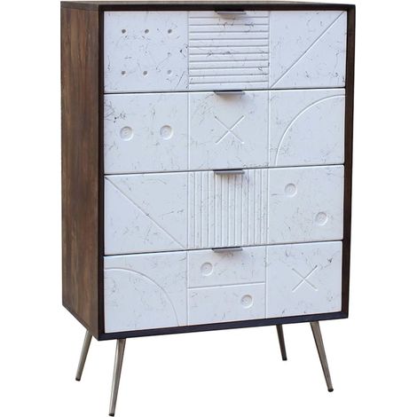 Commode style vintage en manguier élégante - Brun sombre avec touches de blanc et d'argent