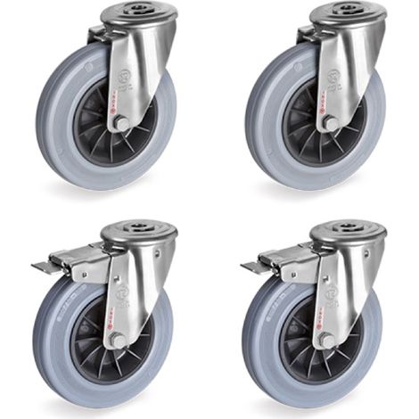 Lot de 4 roulettes à Oeil INOX pivotantes et pivotantes à frein caoutchouc non tachant 80 mm - 150Kg (1/3)