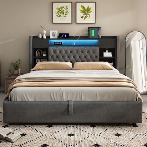 Cama matrimonio con almacenaje 140x200 lino OKMYHOME (1/5)