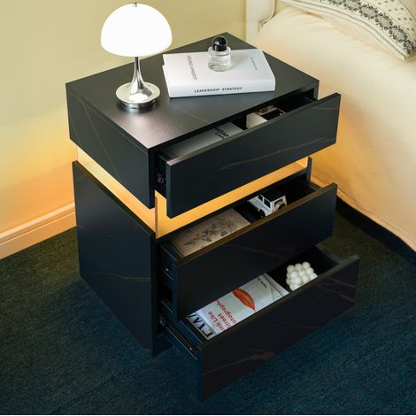 Meuble rangement chevet LED 3 tiroirs chambre noir or OKMYHOME (1/5)