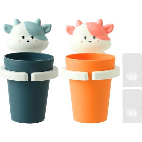 Set mit 2 wandmontierten Kinderzahnbürstenhaltern, kein Bohren erforderlich, Tiermotive, selbstklebend, Badezimmer-Organizer