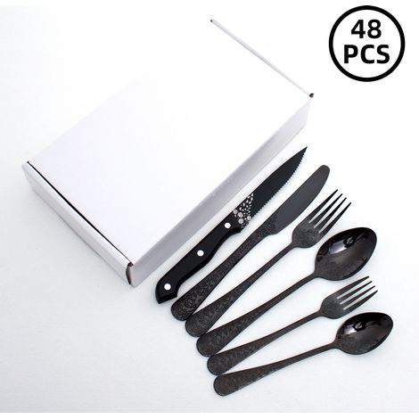 (Ensemble de 48 pièces - noir) Ensemble de couverts chinois en acier inoxydable plaqué or (couteau, fourchette et cuillère).