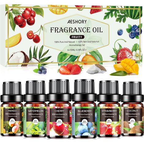 Kit Huiles Parfumées Aromathérapie Fruitées 6 X 10ML, Huile Essentielle Fruits Naturelle pour Diffuseurs, Massage, DIY Bougie, Savon - Cerise, Fraise, Myrtille, Noix de Coco, Pastèque, Mangue (1/5)