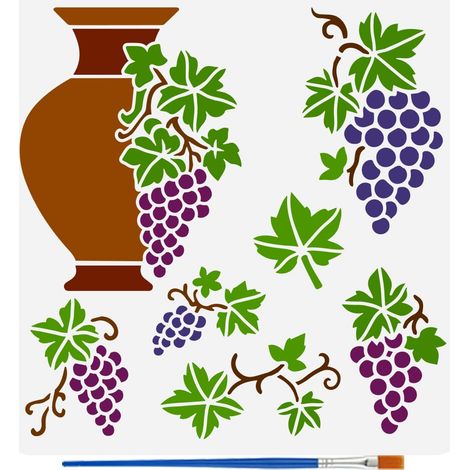 Pochoirs pour Pots en Céramique Avec Pinceau 30x30cm Pochoirs Réutilisables pour Peinture de Raisins Branches et Feuilles Modèle Décoration Thème Automne pour Murs Sols Meubles Bois (1/5)