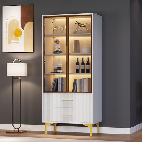 Freistehende Glasvitrine mit LED-Beleuchtung, 70 x 35 x 150 cm, türkisfarbene Glastüren, goldene Füße, verstellbare Einlegeböden und Schubladen, moderne Vitrine für Wohnzimmer und Büro, elegantes Weiß