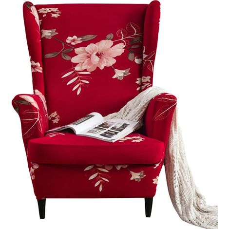 Housse extensible pour fauteuil à oreilles, imprimée, en élasthanne, protège-meubles, antidérapante et douce, rouge. (1/5)