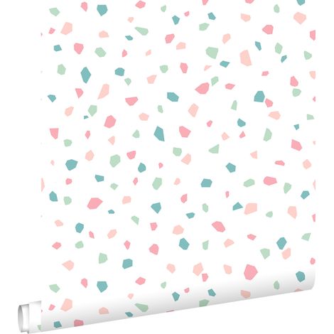 papier peint imitation terrazzo blanc, rose et vert - ESTAhome (1/5)