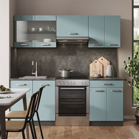 Cucina componibile R-Line, Blu-grigio/antracite, 200 cm , PL Marmo, Vicco