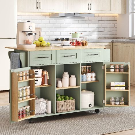 Îlot de cuisine extensible avec plateau rabattable, rangement et finition effet bois vert (1/5)
