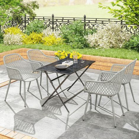 Set di 4 sedie da giardino, in plastica resistente ai raggi UV, con braccioli e schienale, 56 x 51 x 84 cm, colore grigio.
