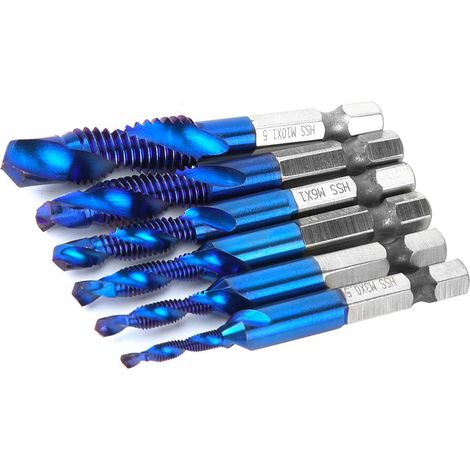 6 Pièces Forets à Taper M3/M4/M5/M6/M8/M10 en Acier Rapide, Tige Hexagonale 6.35mm pour Taraudage (Type C) (1/5)