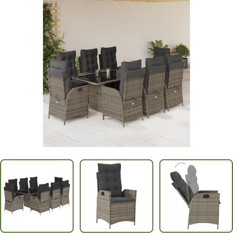 Gartentisch - 9-tlg. Garten-Essgruppe mit Kissen Grau Poly Rattan (1/5)