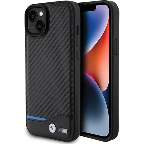 BMW Leder Carbon Blue Line - iPhone 15 Plus Hülle (Schwarz) (1/5)