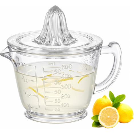 Presse-agrumes manuel en verre avec verre doseur de 500 ml, sans BPA, passe au lave-vaisselle, convient pour citron, citron vert, orange, pamplemousse