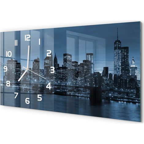 Horloge Murale Bureau 60x30 cm Verre Trempé Silencieuse Moderne New York la nuit (1/5)
