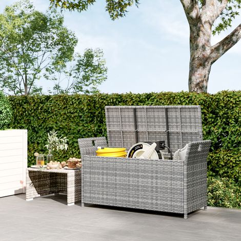 Banc coffre de rangement extérieur en résine tressée 250L avec coussin amovible. pour jardin. balcon. blanc