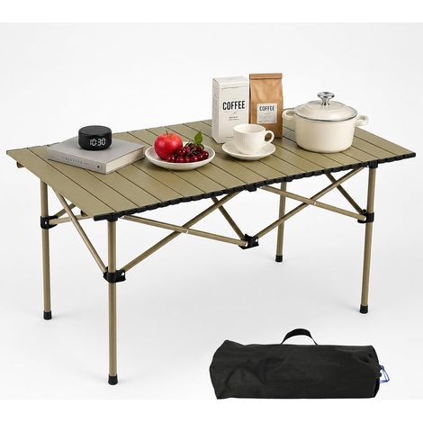 Table de camping pliable - Plateau de table enroulable - Portable - En acier au carbone - Avec sac - Pour pique-nique, cuisine, jardin, voyage - 95 x 56 x 50 cm - Blanc (1/5)