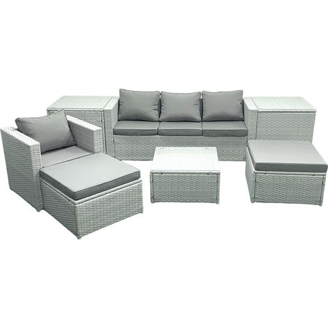 Fimous Gartenmöbel-Set 6-Sitzer Polyrattan Sofa Set mit 2 hohen Hockern Sessel 2 Beistelltischen Hellgrau gemischt (1/5)