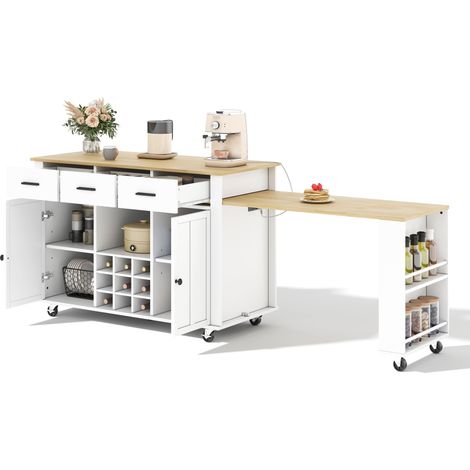 Îlot de cuisine, extensible, port USB, 3 tiroirs, en MDF, 136 x 50 x 93 cm, naturel et blanc (1/5)