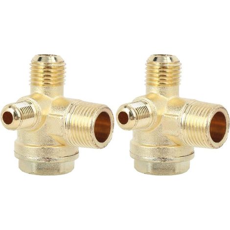 Paquet de 2 soupapes de compresseur d'air à 3 voies, 16 mm, 14 mm, clapet anti-retour fileté mâle de 10 mm, outil de connecteur pneumatique central en zinc à 3 ports (1/5)