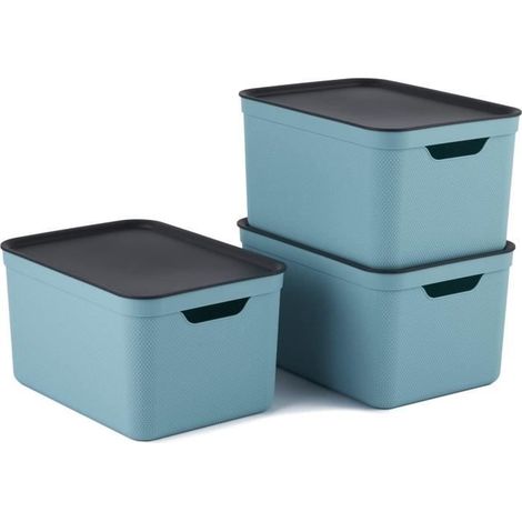 Boîtes de rangement décoratives avec couvercle - Plastique recyclé - Bleu anthracite - Lot de 3 - 16 l - 36,5 x 27 x 27 cm (1/4)