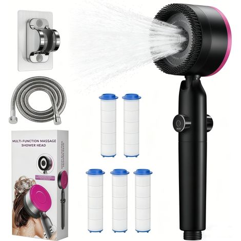 Douchette douche salle de bain haute pression avec 5 filtres, 4 modes dont nano-bulles et pluie, pommeau de douche avec brosse silicone, flexible 1.5m anti-explosion, pommeau douche haute pression, No (1/5)