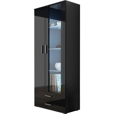 Estantería Tornola 105, Negro + Negro brillante, Con puertas, Cerrable, Con cajones, Vidrio, Aglomerado laminado, Número de puertas: 2, Número de cajones: 2, 192x80x41cm, LED