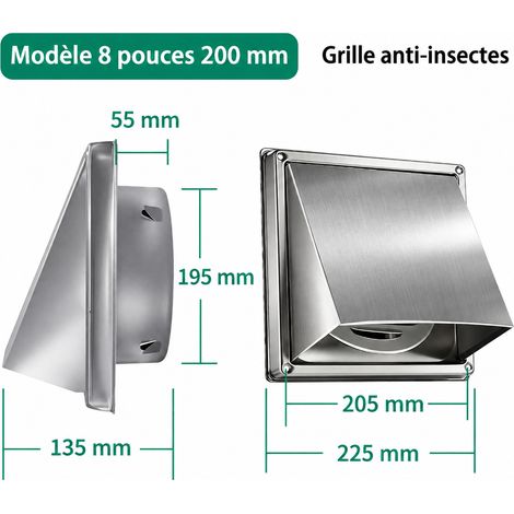 Grille d'aération murale extérieure ronde en acier inoxydable Ø 200 mm (8") avec persiennes et moustiquaire 8 200mm 23 × 23 × 14 cm 750 g – Livraison gratuite