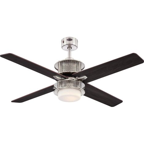 Ventilatore da soffitto in nichel spazzolato per interni da 122 cm Westinghouse Lighting Oscar con luce e telecomando, fissaggio con luce LED dimmerabile con vetro smerigliato opale (1/4)