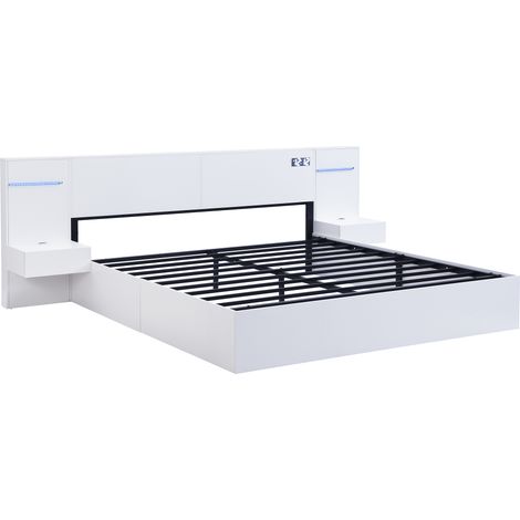 Lit double 180×200 cm en bois équipé de ports USB, horloge électronique, enceintes Bluetooth et ruban lumineux multicolore, livré avec deux tables de chevet sans tiroirs  matelas non fourni, couleur b (1/5)