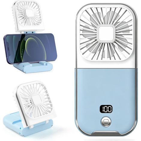 Mini ventilador portátil silencioso, 4 velocidades, con batería de 3000 mAh y pantalla digital, para uso doméstico y exterior - Blanco y azul (1/5)