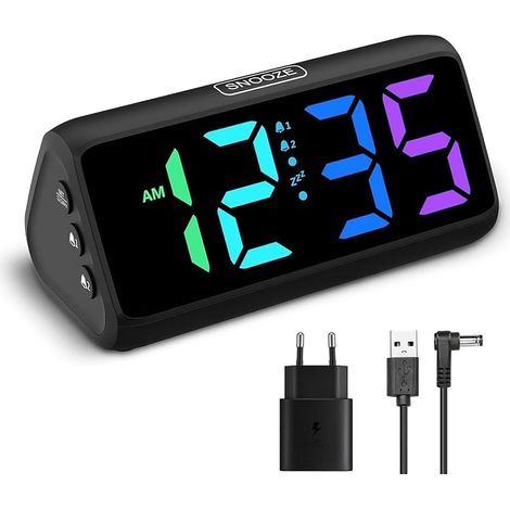 Réveil Forte pour Les Dormeurs Profonds, réveil RGB pour la Chambre, Les Personnes âgées, Enfants, Réveil Numérique Enfichable avec 5 Niveaux de Luminosité, 4 Niveaux de Volume (Noir) (1/5)