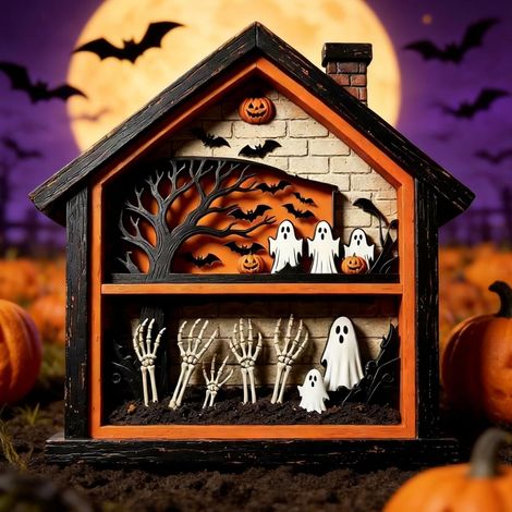 Décoration Table Halloween en Bois Forme Maison Fantôme, Ornement sur Pied pour Étagère, Cheminée, Entrée et Décoration Intérieure Saisonnière (1/5)