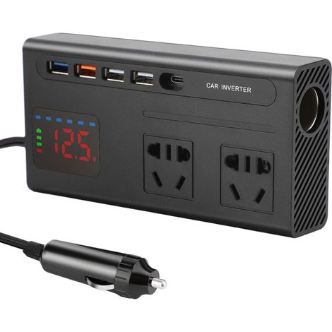 Inversor de corriente de 12 V a 220 V/240 V y 200 W con 2 tomas de corriente y 4 puertos USB (5 V/2,4 A) para teléfonos, tabletas, coches, camiones y más - Metal negro