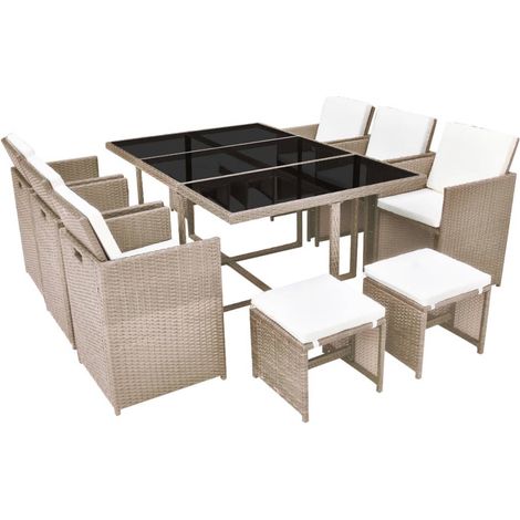 Salon de jardin meuble d'extérieur ensemble de mobilier encastrable avec coussins 11 pièces rotin beige