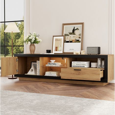 Meuble TV 160x40x50 cm noir et chêne en panneaux de particules et verre trempé avec éclairage LED et rangement (1/5)