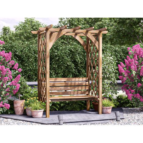 Dunster House Pergola with Seat Bench Lattice Trellis Arbour Wooden Furniture Garden Plant Frame Jasmine (1/5)