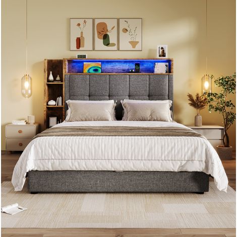 letto contenitore 90x200 USB C LED testiera grigia HAVRYA (1/5)